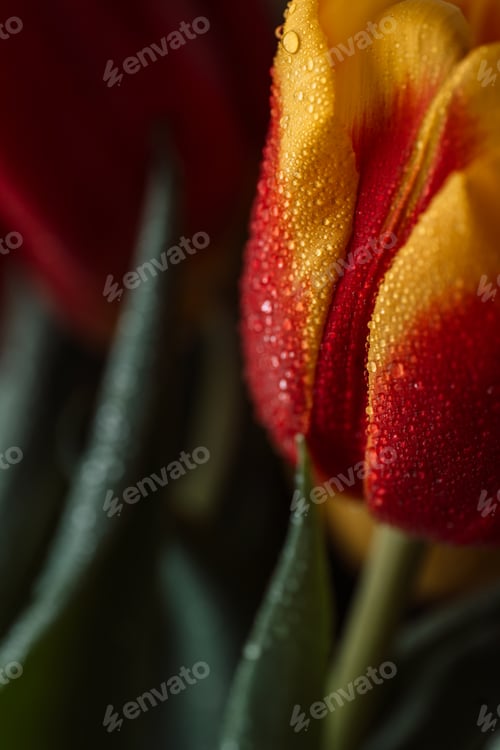 Preview: Background of a colored bouquet of tulips in water drops close-up