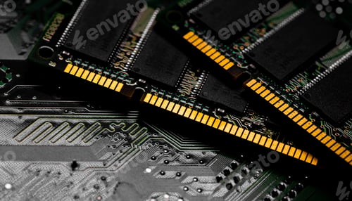 Preview: Macro Close up of computer RAM chip and motherboard