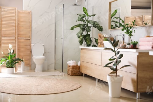 Preview: Elegant interior of modern bathroom with green plants
