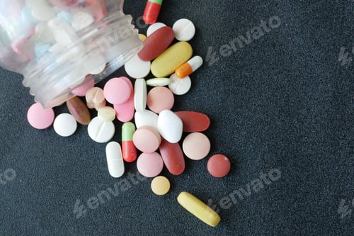 Preview: Close up of many colorful pills and capsules on black background