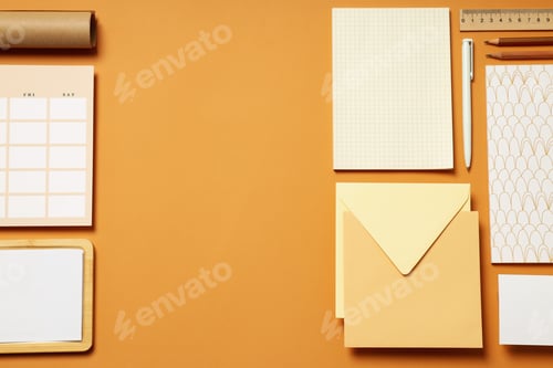 Preview: Mockup flat lay with freelancer office accessories on beige background