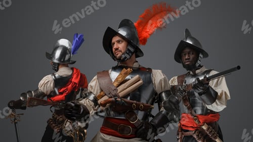 Preview: Squad of three spanish military men against grey background