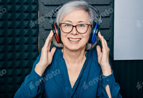 Preview: Hearing loss treatment. Positive mature woman wearing audiometry headphones while hearing test and