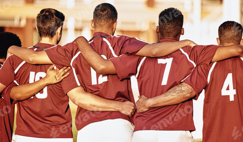 Preview: Rugby, sports and team of men hug for training for a competition or game on a field. Fitness, sport