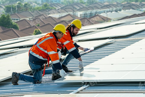 Preview: Engineer working setup Solar panel at the roof top. Engineer or worker work on solar panels or solar