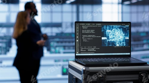 Preview: Laptop in data center facility with artificial intelligence simulation