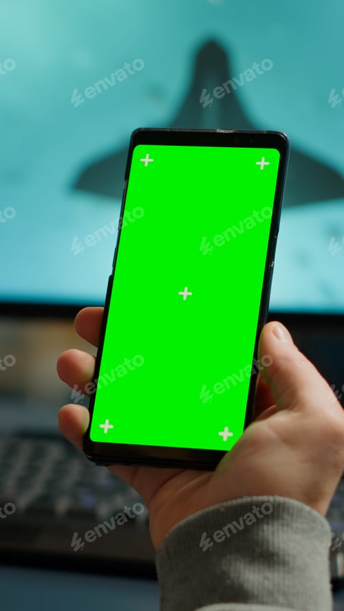 Preview: Competitive gamer looking at smartphone with green screen display