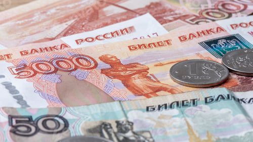 Preview: Closeup shot of Russian ruble banknotes and coins