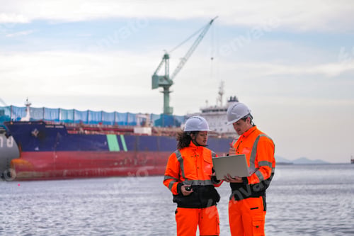 Preview: Two engineers wearing gear review plans on a laptop at a shipyard,