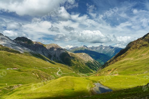 Preview: Mountain landscape along the road to Stelvio pass (Lombardy) at summer