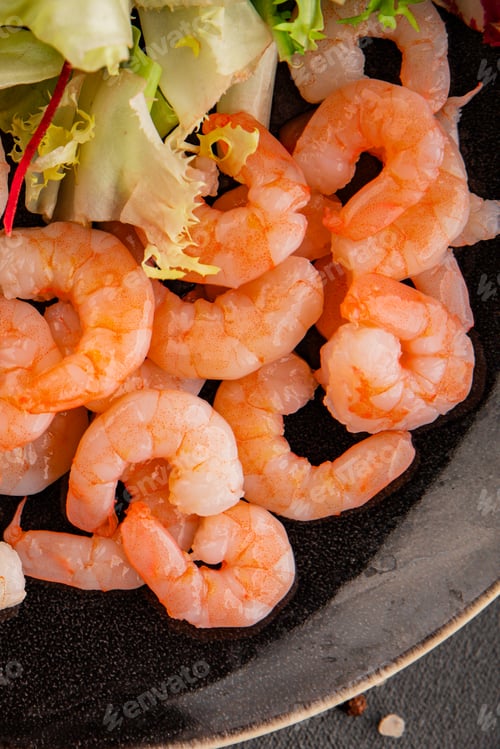 Preview: Shrimp salad seafood appetizer tasty snack fresh gourmet food background on table rustic food
