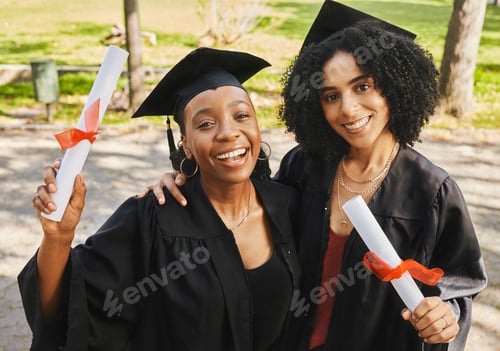 Preview: Outdoor, portrait and women with graduation, celebration and achievement with future, knowledge and