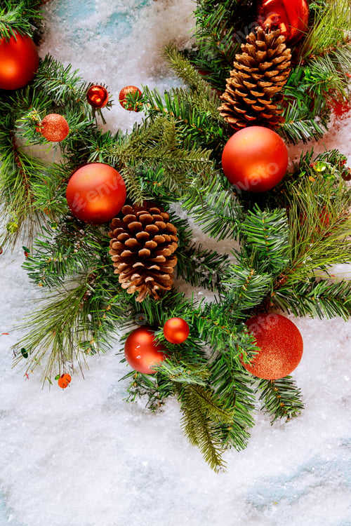 Preview: Red Christmas ball on a Christmas tree with the snowflake background