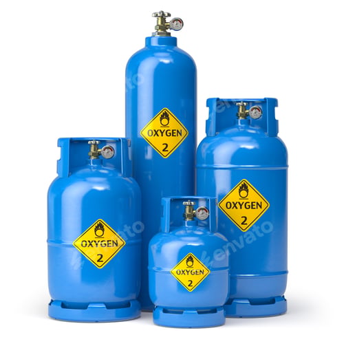 Preview: Oxygen gas tanks containers and cilinders of different size isolated on white.