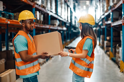 Preview: Warehouse workers scanning package inventory using scanner gun