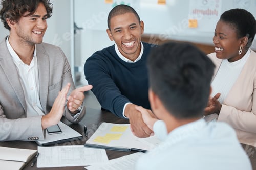 Preview: Meeting, team and handshake with smile in deal, agreement or contract for business, finance or data
