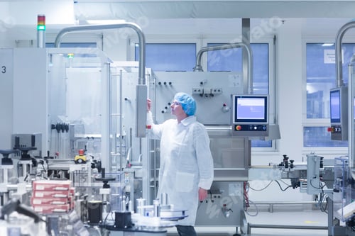Preview: Worker operating machinery in pharmaceutical plant