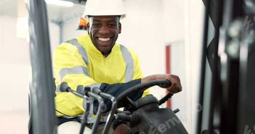Preview: Engineer man, forklift and smile in portrait for logistics, supply chain or working in warehouse. E