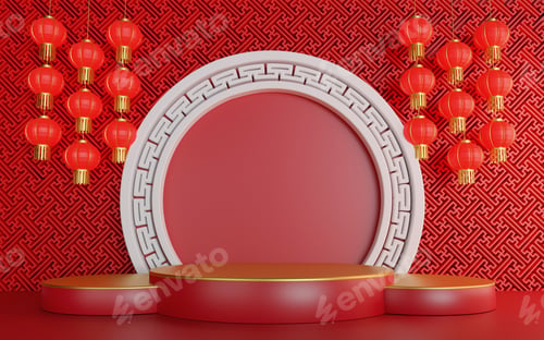Preview: Product display with copy space. Podium round stage podium Chinese new year. 3d render