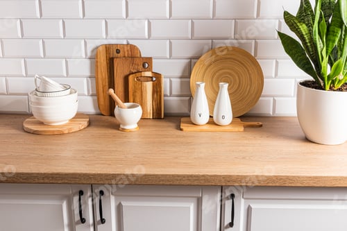 Preview: Beautiful kitchen background with different items and kitchen utensils eco-friendly materials