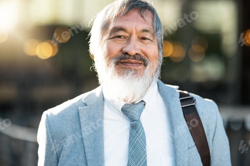 Preview: Smile, portrait and senior Asian businessman standing outdoor by his office building in the city. H