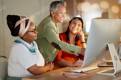 Preview: Computer, office and manager helping women with research for a corporate collaboration project. Man
