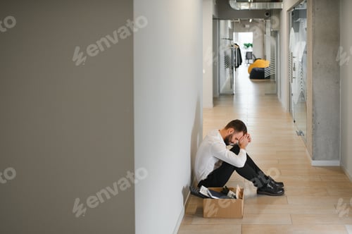 Preview: Sad fired businessman sitting outside meeting room after being dismissed