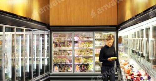 Preview: Woman Choosing Frozen Food From A Supermarket Freezer. Purchasing A Packet Of Meat At The