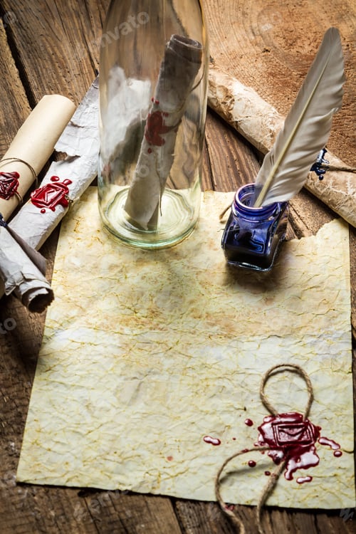 Preview: Preparing to send ancient letter in a bottle and writting with blue ink