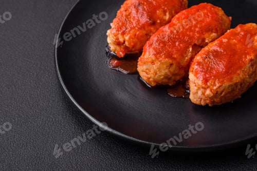 Preview: Meat cutlet or meatballs in tomato sauce with garlic, salt, spices and herbs