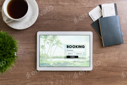 Preview: Flat lay of an online travel agency office desk