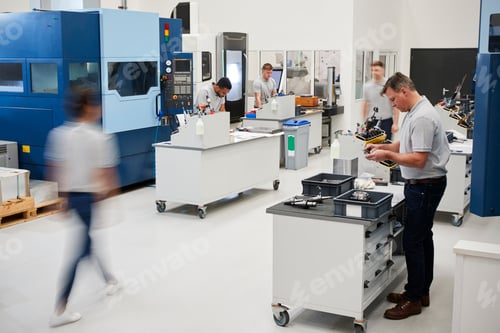 Preview: Busy Engineering Workshop With Workers Using CNC Machinery
