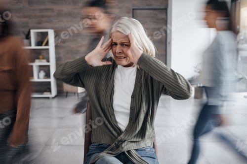 Preview: Anxiety, bipolar and woman with mental health problem, focus and psychology crisis in busy office.
