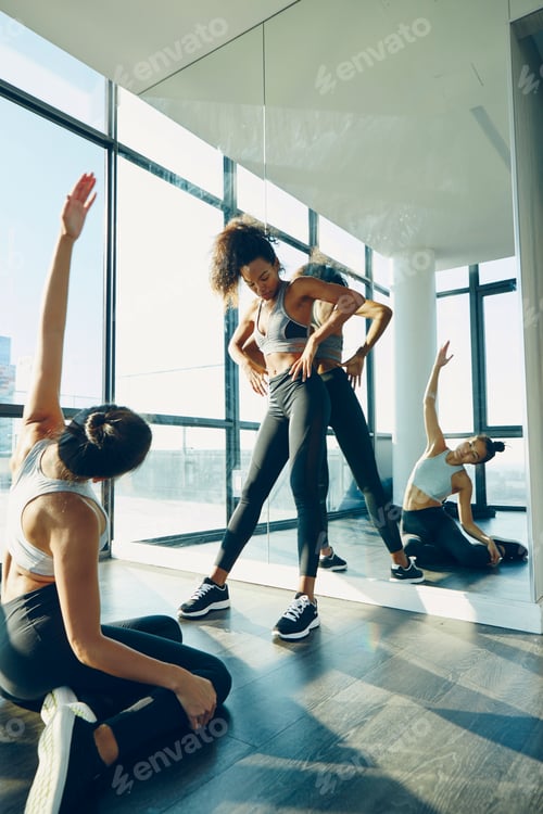 Preview: Two young women exercising in gym, stretching