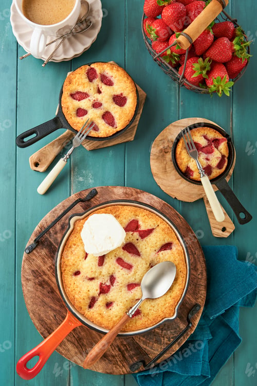 Preview: Strawberries chip skillet cookie or giant strawberries and cream frying pan cookie on rustic wooden