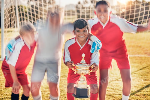 Preview: Trophy, soccer and team in celebration of success as winners of a sports award in a childrens youth