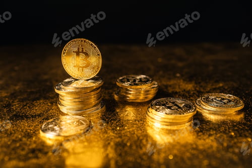 Preview: bitcoin growth,bitcoin coins stacked on black gold background