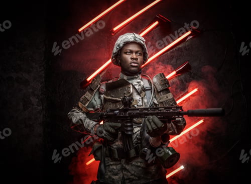 Preview: Black military man with rifle against red background with neon