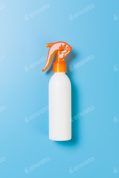 Preview: flat lay concept of summer travel vacation. Sunscreen bottle mock up