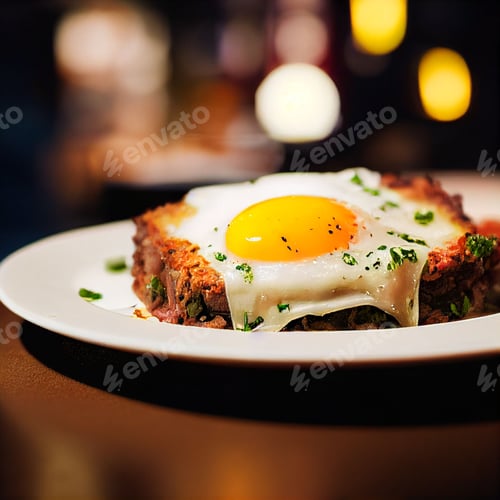Preview: Closeup shot of steak and eggs on a plate in a restaurant