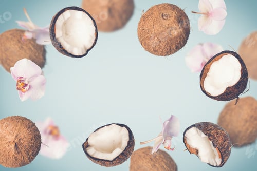 Preview: Blue tropical summer background with falling coconuts