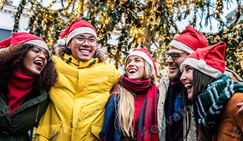 Preview: Happy friends wearing santa claus hat celebrating Christmas day in city street