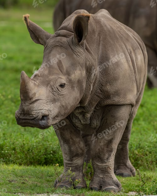 Preview: Hook-lipped rhinoceros (Diceros bicornis) in a green field