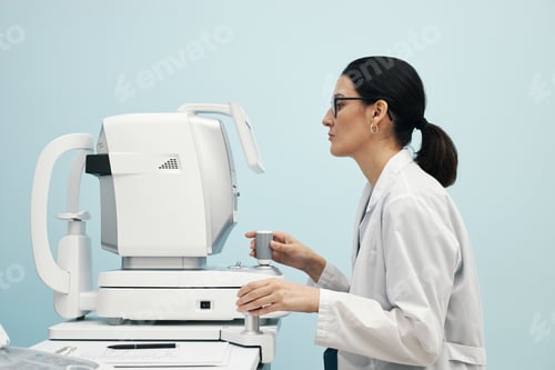 Preview: Young Woman Setting Up Ophthalmology Diagnostic Equipment in Clinic