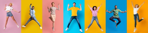 Preview: Happy Day. Group Of Cheerful Multiethnic People Jumping On Colorful Backgrounds