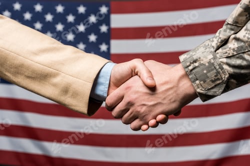 Preview: selective focus men shaking hands near american flag