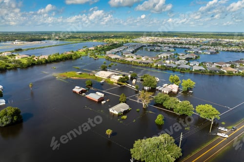 Preview: Flooded farmland area with underwater buildings from hurricane