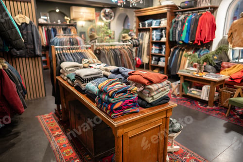 Preview: Vintage men's clothing store interior with different kinds of apparel and accessories on display.