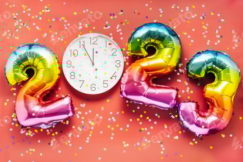 Preview: 2023 New Year Celebration - colorful balloon numbers on red background