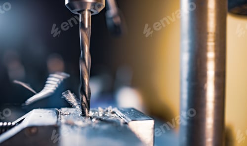 Preview: Drilling process with shavings close-up at the workplace in workshop